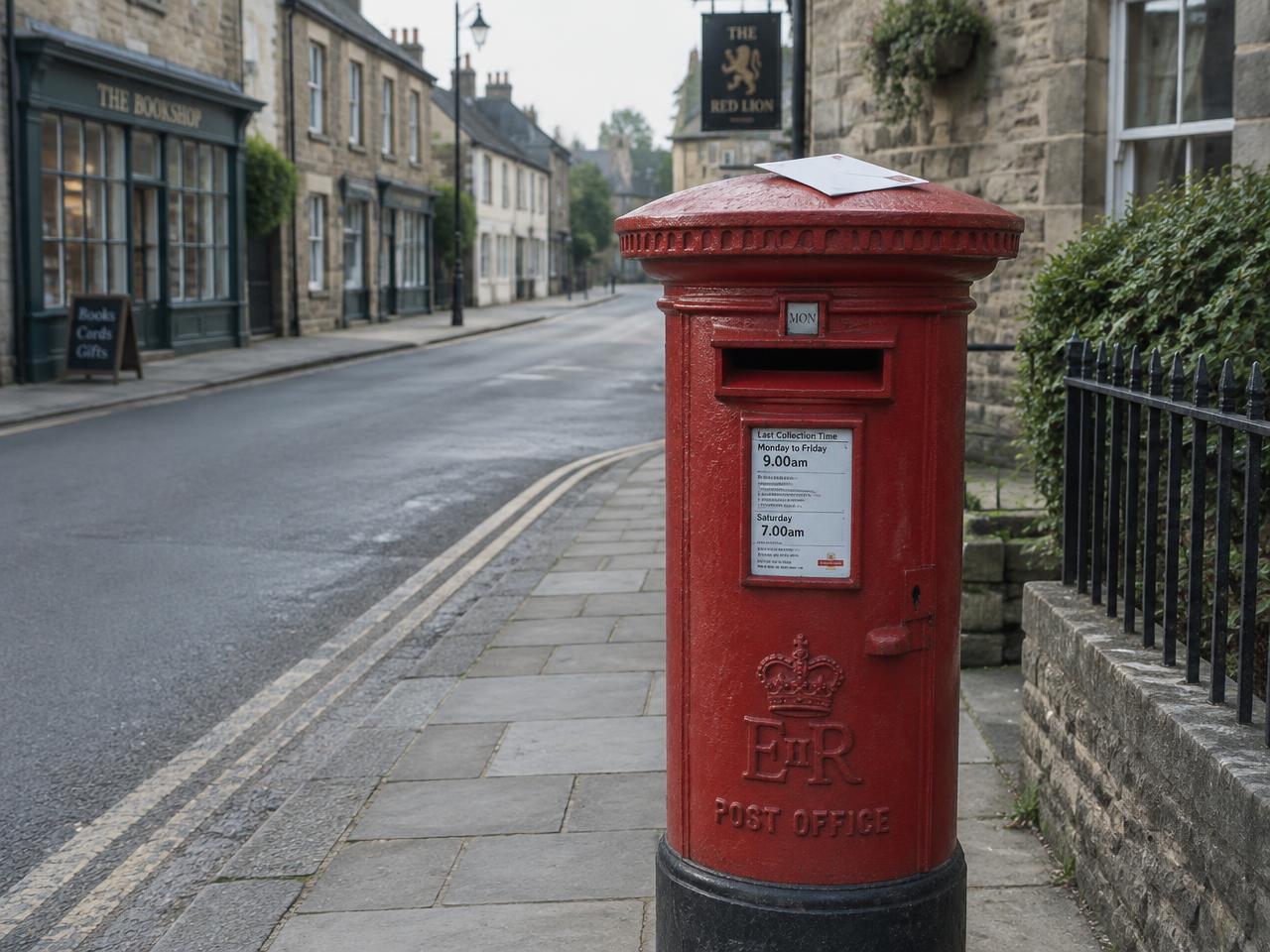 A red Royal Mail pillar box on a quiet British high street (AI-generated image)
